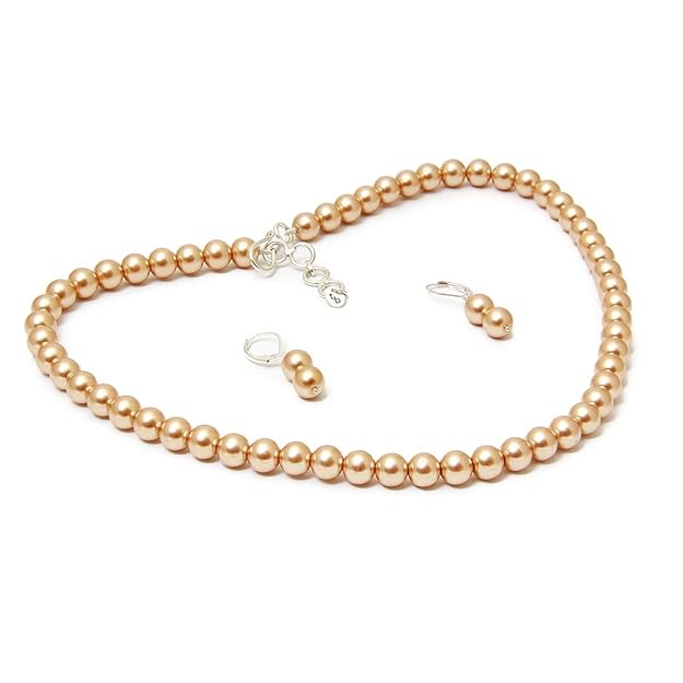 8MM (Medium Pearl Size) Golden Shell-Coated High Luster Pearls Necklace Jewelry Set