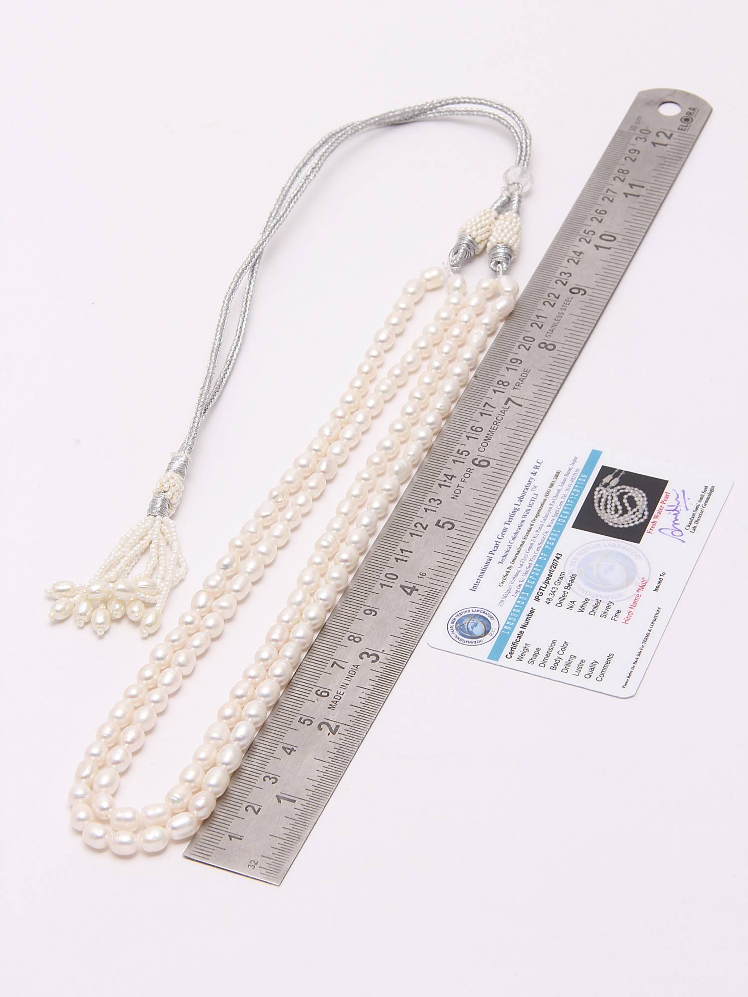 Oval White Freshwater Rice Pearl Double layered Necklace with Pearl Tassels Adjustable Dori, 240 carats (F1002)