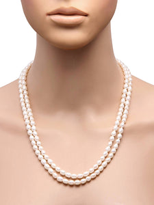 Oval White Freshwater Rice Pearl Double layered Necklace with Pearl Tassels Adjustable Dori, 240 carats (F1002)