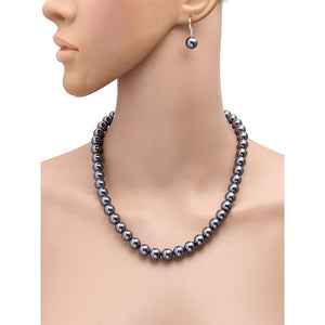 10MM (Big Pearl Size) Dark Grey Shell-Coated High Luster Pearls Necklace Jewelry Set