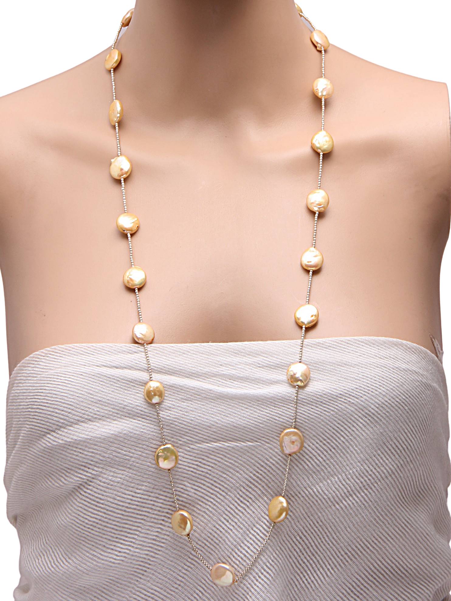 Baroque Flat Rounded Light Golden Pearls with Silver 1MM Bead Balls Long Chain - (F1019)