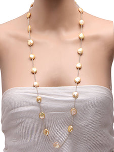 Baroque Flat Rounded Light Golden Pearls with Silver 1MM Bead Balls Long Chain - (F1019)