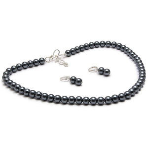 8MM (Medium Pearl Size) Dark Grey Shell-Coated High Luster Pearls Necklace Jewelry Set