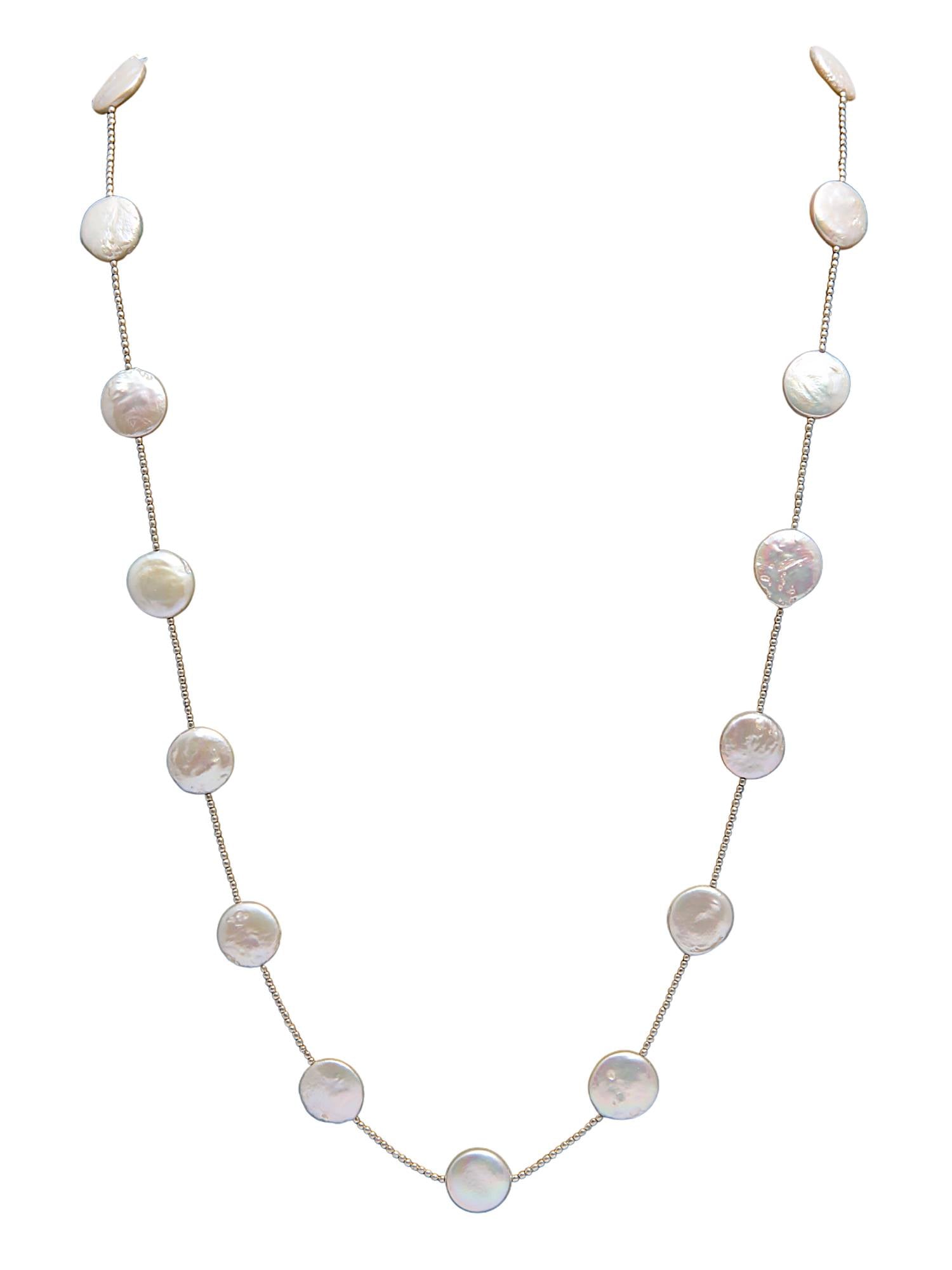 Baroque Flat Rounded White with Silver 1MM Bead Balls Long Chain - (F1020)