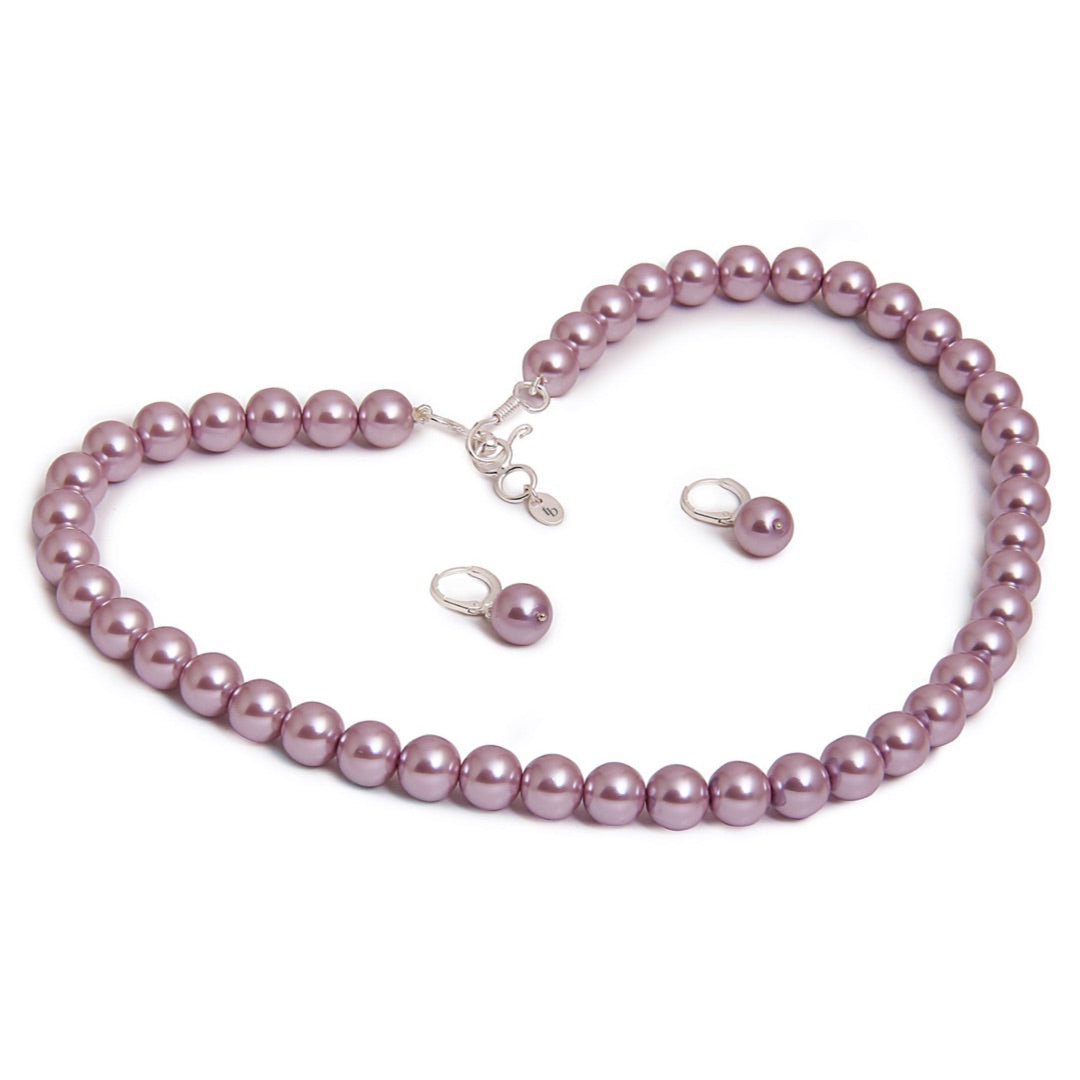 10MM (Big Pearl Size) Lavender Purple Shell-Coated High Luster Pearls Necklace Jewelry Set