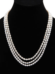 Oval White 3 Layered Freshwater Pearls Necklace with 92.5 Sterling Silver Clasp, 345 carats - (F1003)