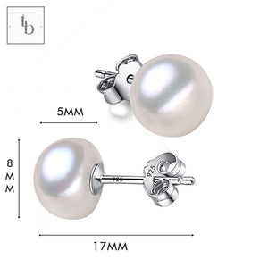 925 Sterling Silver Lustrous White 8MM Freshwater Pearl Earrings Stud Tops