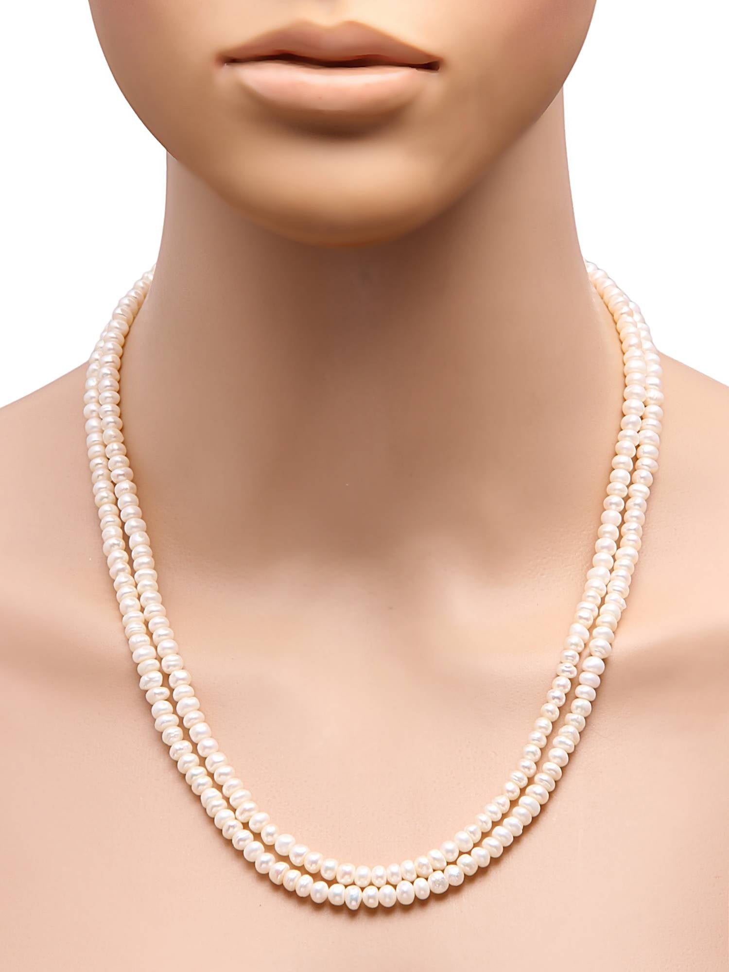 Button Shaped White Freshwater Double Layered Necklace with 92.5 Sterling Silver Clasp, 160 carats - (F1009)