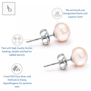 925 Sterling Silver Lustrous Pink 8MM Freshwater Pearl Earrings Stud Tops