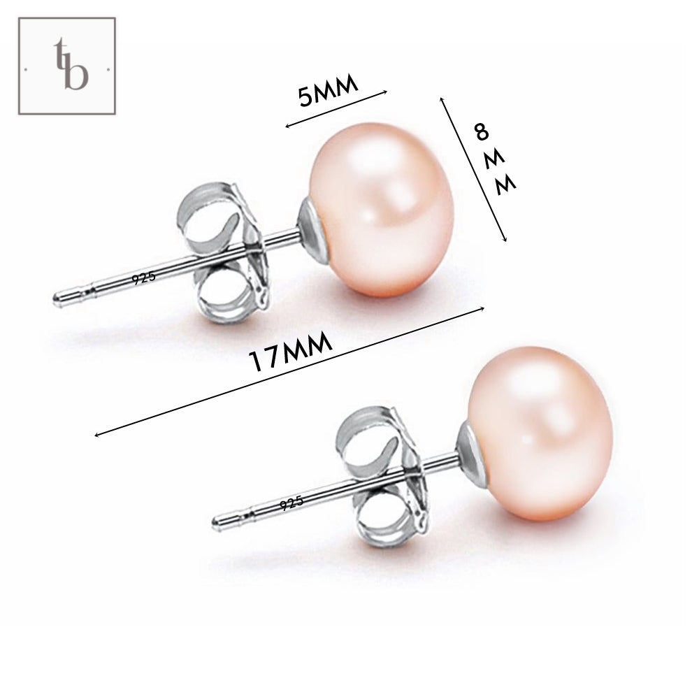 925 Sterling Silver Lustrous Pink 8MM Freshwater Pearl Earrings Stud Tops
