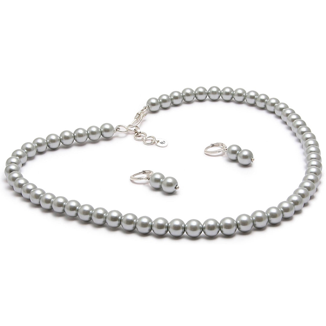 8MM (Medium Pearl Size) Silver Shell-Coated High Luster Pearls Necklace Jewelry Set