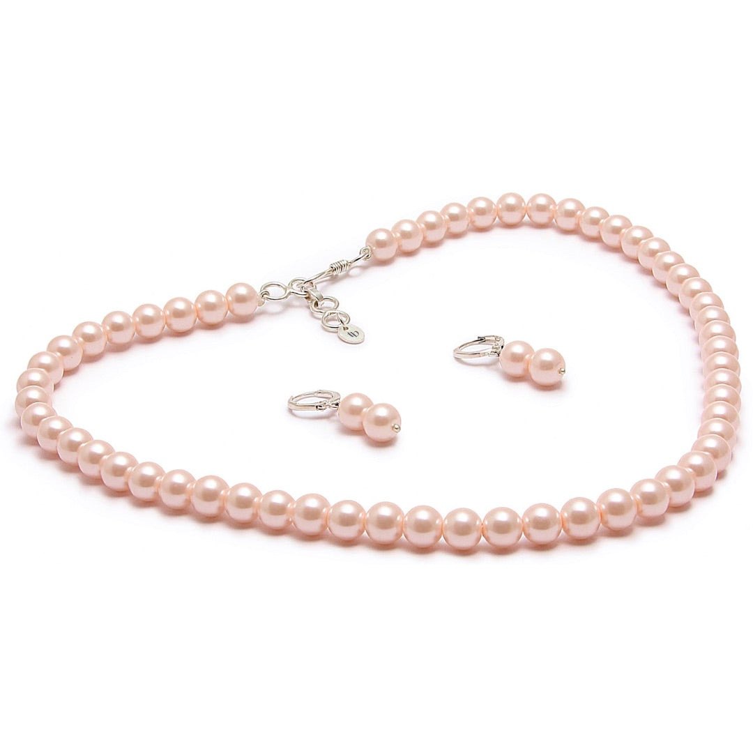 8MM (Medium Pearl Size) Pastel Pink Shell-Coated High Luster Pearls Necklace Jewelry Set