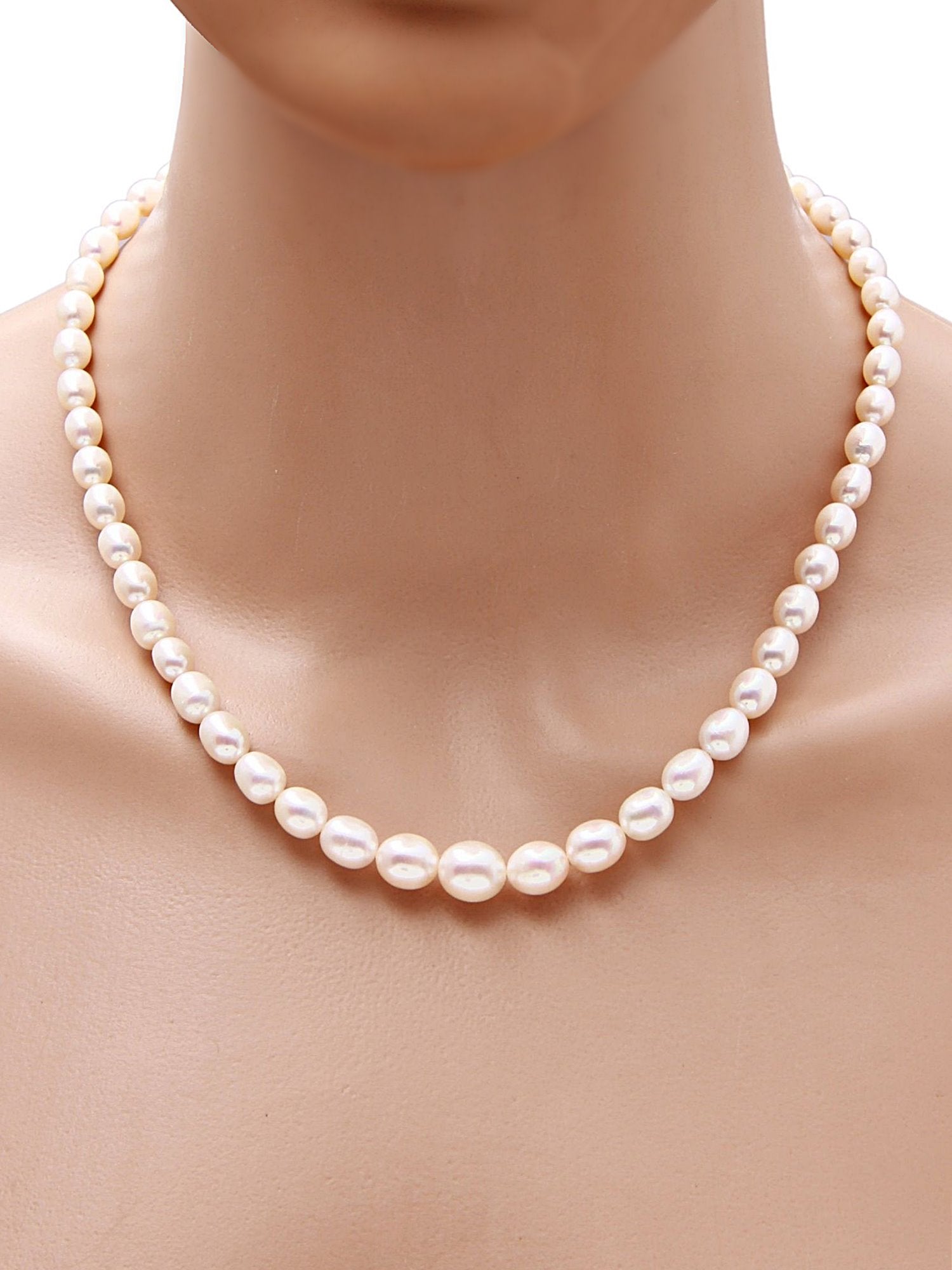 High Luster Oval White Freshwater Pearls Necklace AAA Grade with 92.5 Sterling Silver Clasp, 135 Carats - (F1027)