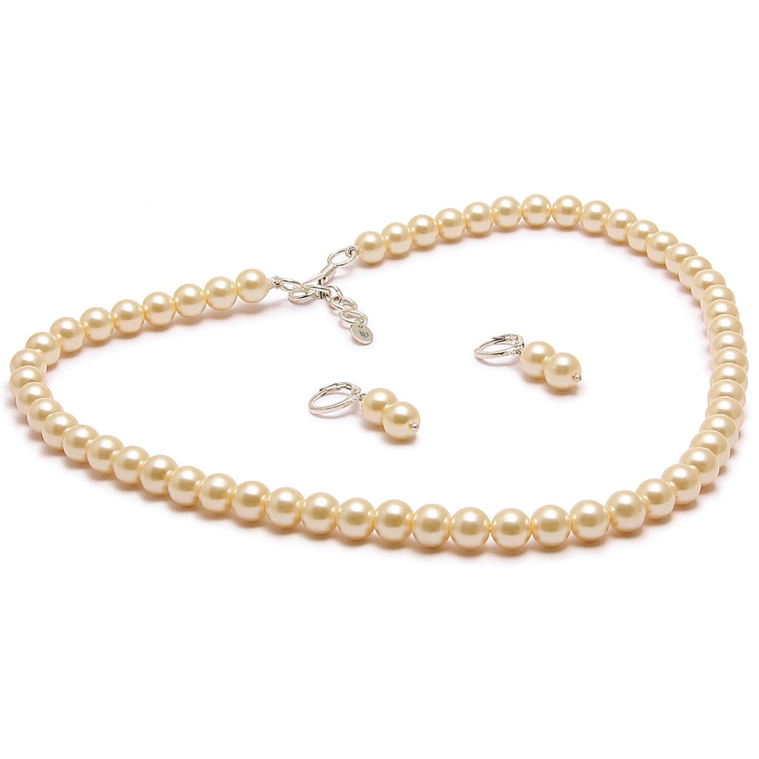 8MM (Medium Pearl Size) Off-White Shell-Coated High Luster Pearls Necklace Jewelry Set