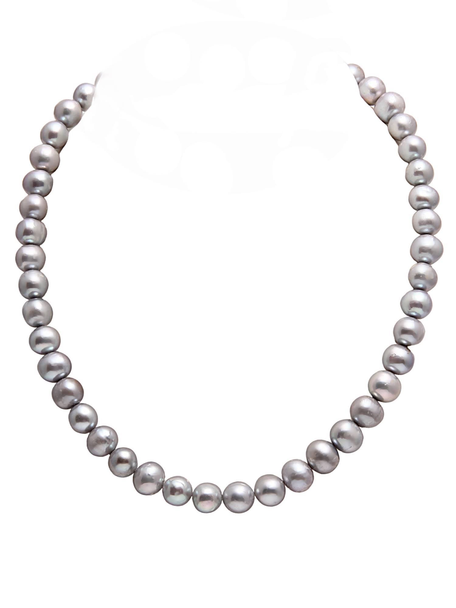Semi-Round Silver Grey (10MM) Natural Freshwater Real Pearl Necklace with 92.5 Sterling Silver Clasp, 330 carats - (F1013)