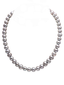 Semi-Round Silver Grey (10MM) Natural Freshwater Real Pearl Necklace with 92.5 Sterling Silver Clasp, 330 carats - (F1013)