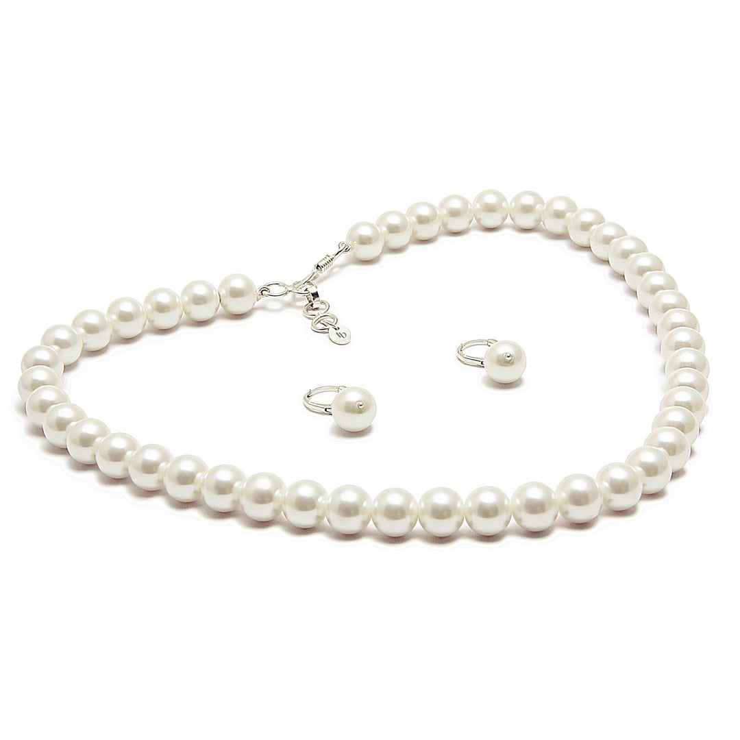 10MM (Big Pearl Size) White Shell-Coated High Luster Pearls Necklace Jewelry Set
