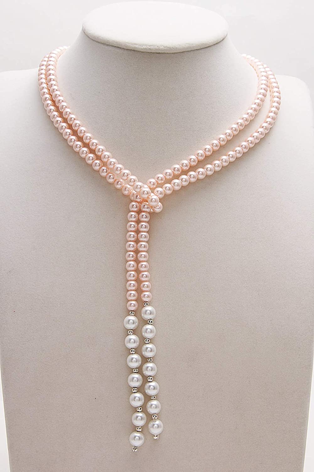 6MM Pastel Pink & 8MM White Shell Coated Pearls Long Fold & Wear Necklace