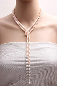 6MM Pastel Pink & 8MM White Shell Coated Pearls Long Fold & Wear Necklace
