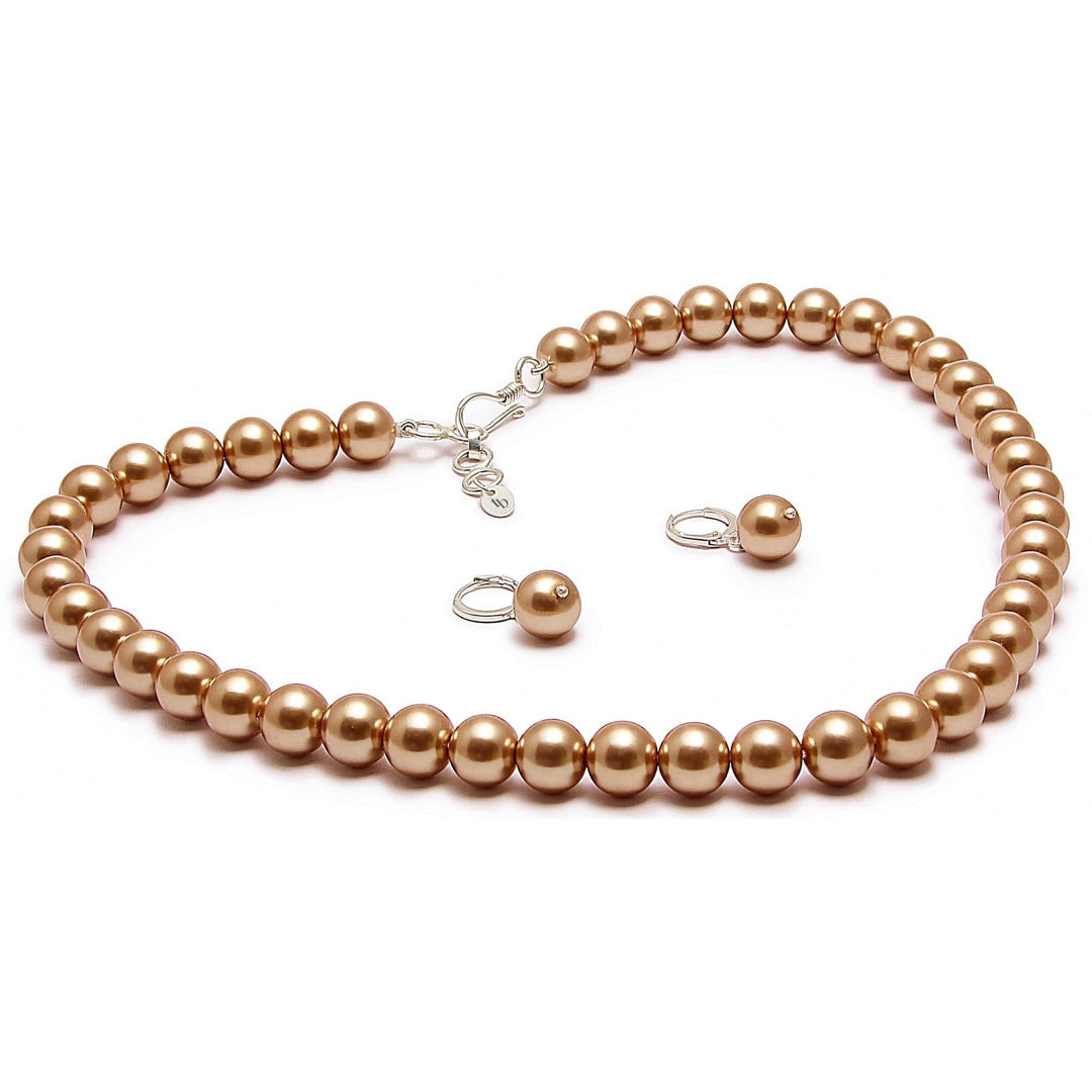 10MM (Big Pearl Size) Golden Shell-Coated High Luster Pearls Necklace Jewelry Set