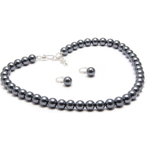 10MM (Big Pearl Size) Dark Grey Shell-Coated High Luster Pearls Necklace Jewelry Set
