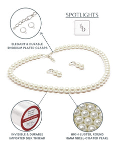 8MM (Medium Pearl Size) White Shell-Coated High Luster Pearls Necklace Jewelry Set