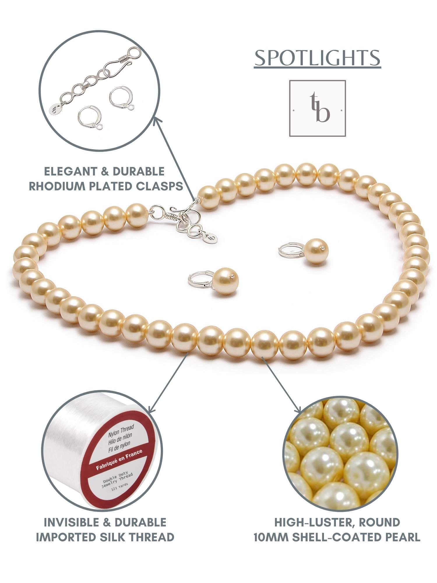 10MM (Big Pearl Size) South Sea Cream Shell-Coated High Luster Pearls Necklace Jewelry Set