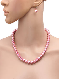 10MM (Big Pearl Size) Rose Pink Shell-Coated High Luster Pearls Necklace Jewelry Set