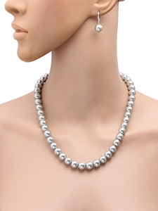 10MM (Big Pearl Size) Silver Grey Shell-Coated High Luster Pearls Necklace Jewelry Set