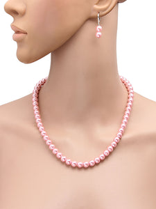 8MM (Medium Pearl Size) Rose Pink Shell-Coated High Luster Pearls Necklace Jewelry Set