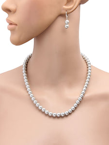 8MM (Medium Pearl Size) Silver Shell-Coated High Luster Pearls Necklace Jewelry Set