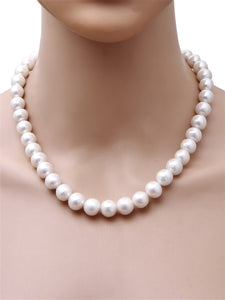 Semi Round (10mm-11mm) White Freshwater Real Pearl Necklace with 92.5 Sterling Silver Clasp - (F1004)